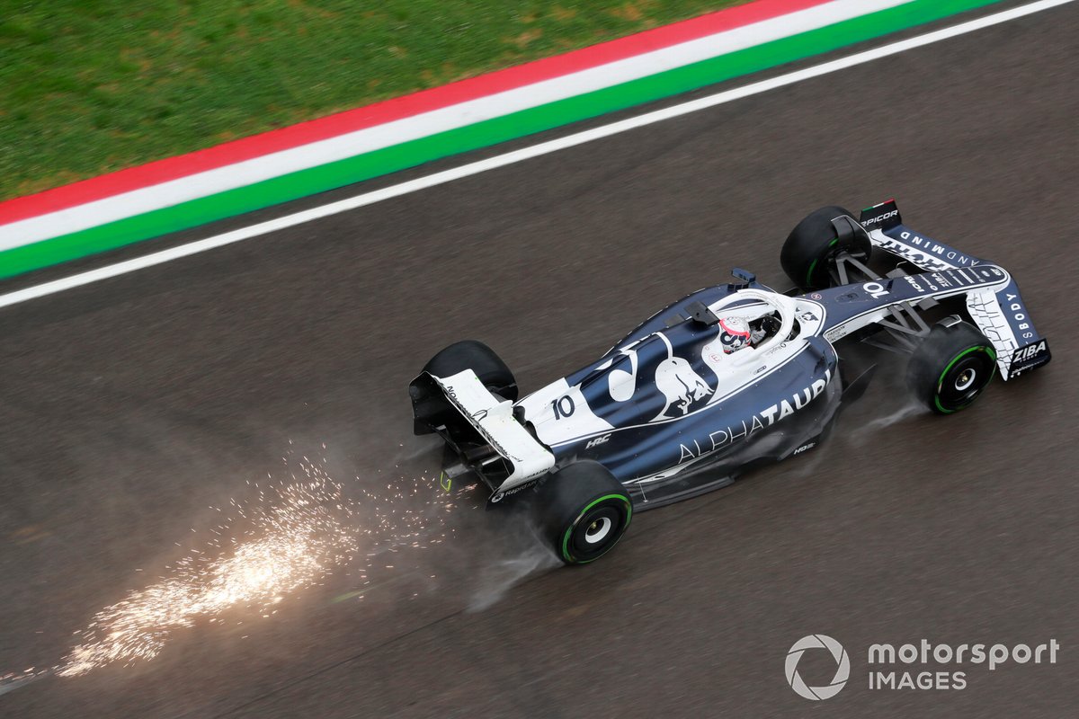 Sparks fly from Pierre Gasly, AlphaTauri AT03