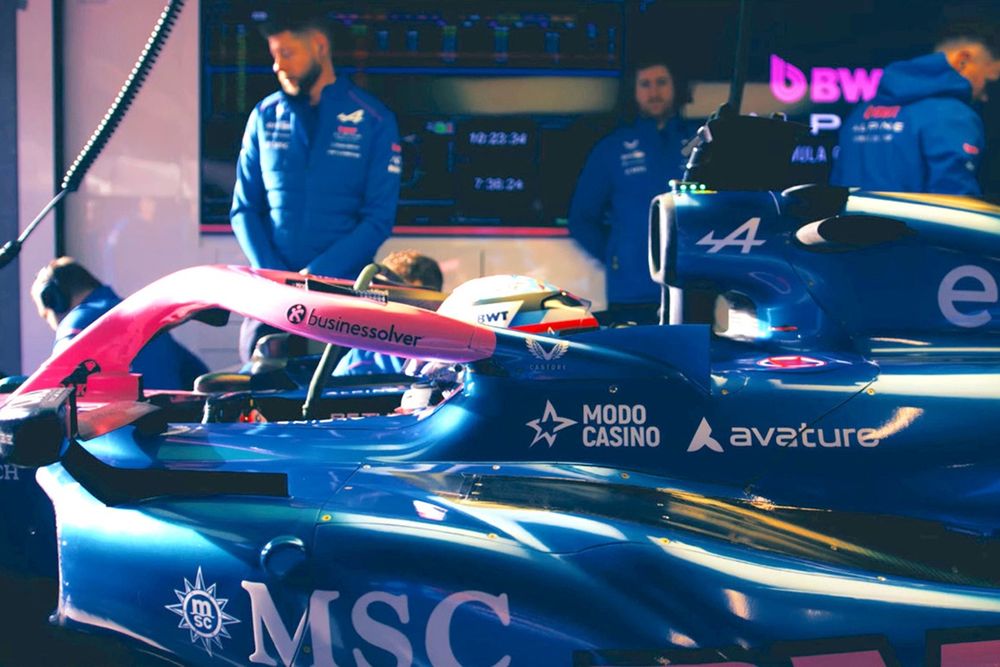 Franco Colapinto in the Alpine A526 on the first day of the Barcelona shakedown. Note the unusually long and tapered sidepod profile, with a bulge for the mandatory side-impact spur