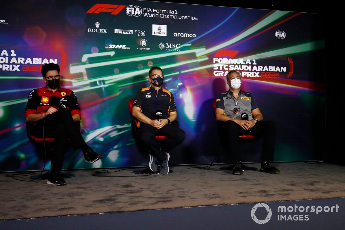 Mattia Binotto, Team Principal, Ferrari, Andreas Seidl, Team Principal, McLaren, Mario Isola, Racing Manager, Pirelli Motorsport, in the Press Conference 