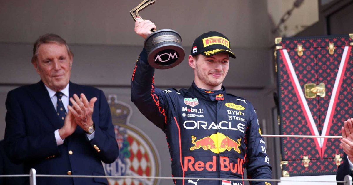 Max Verstappen lifts the P3 trophy. Monaco May 2022.