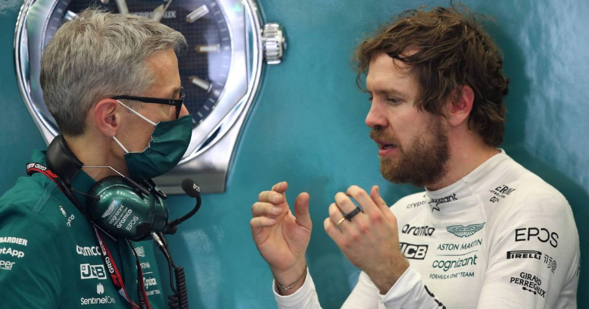 Sebastian Vettel talking to Aston Martin team principal Mike Krack. Bahrain March 2022.