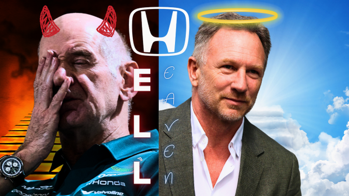 Split image of Newey with devil horns in Honda hell and Horner with halo in Honda heaven