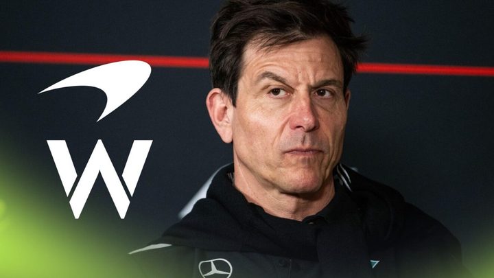 Mercedes team boss Toto Wolff pictured at the 2026 Australian Grand Prix, as McLaren and Williams logos appear on the left