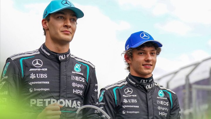 Mercedes teammates George Russell and Kimi Antonelli pictured at the 2026 Australian Grand Prix
