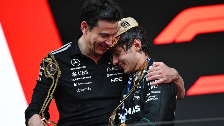 Wolff and Antonelli celebrate on the Monaco podium after a fifth win in a row