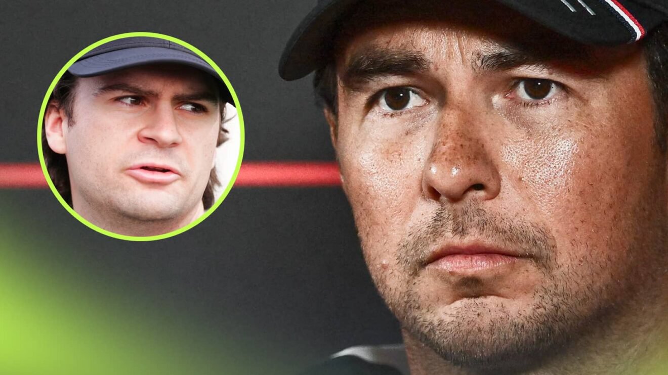 A close-up shot of Sergio Perez in a press conference with an inset of Colton Herta