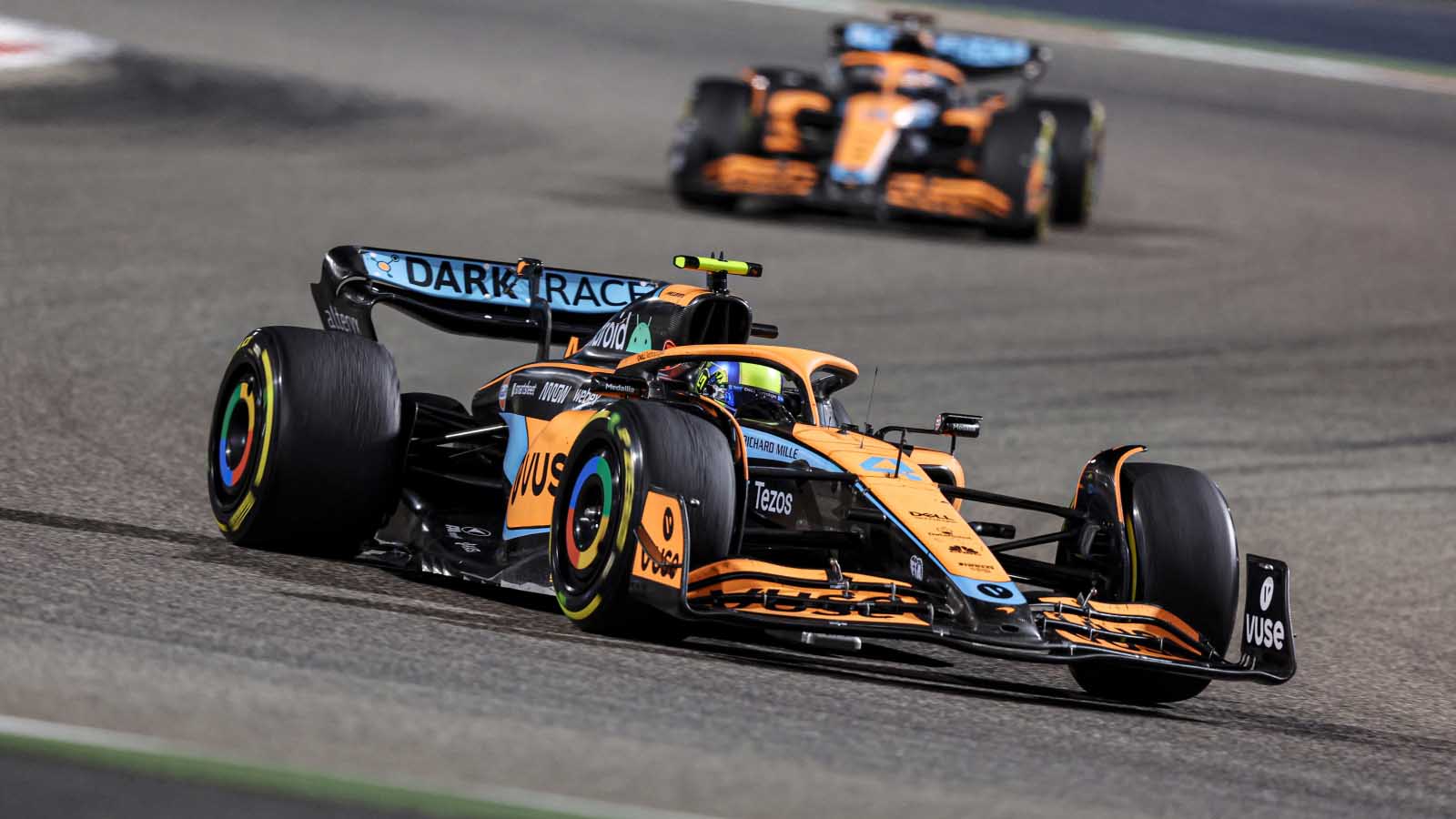 Lando Norris ahead of Daniel Ricciardo. Bahrain March 2022.