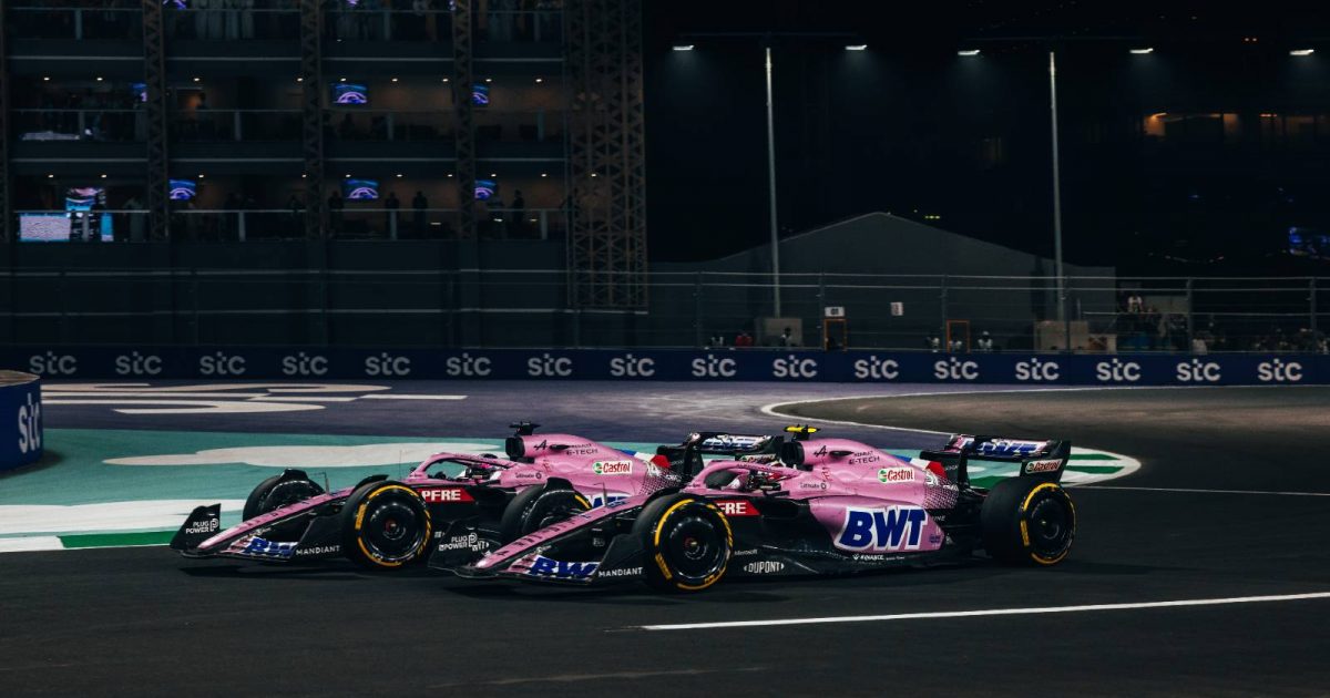 Alpine's Fernando Alonso and Esteban Ocon racing hard in the Saudi Arabian GP. Jeddah March 2022.