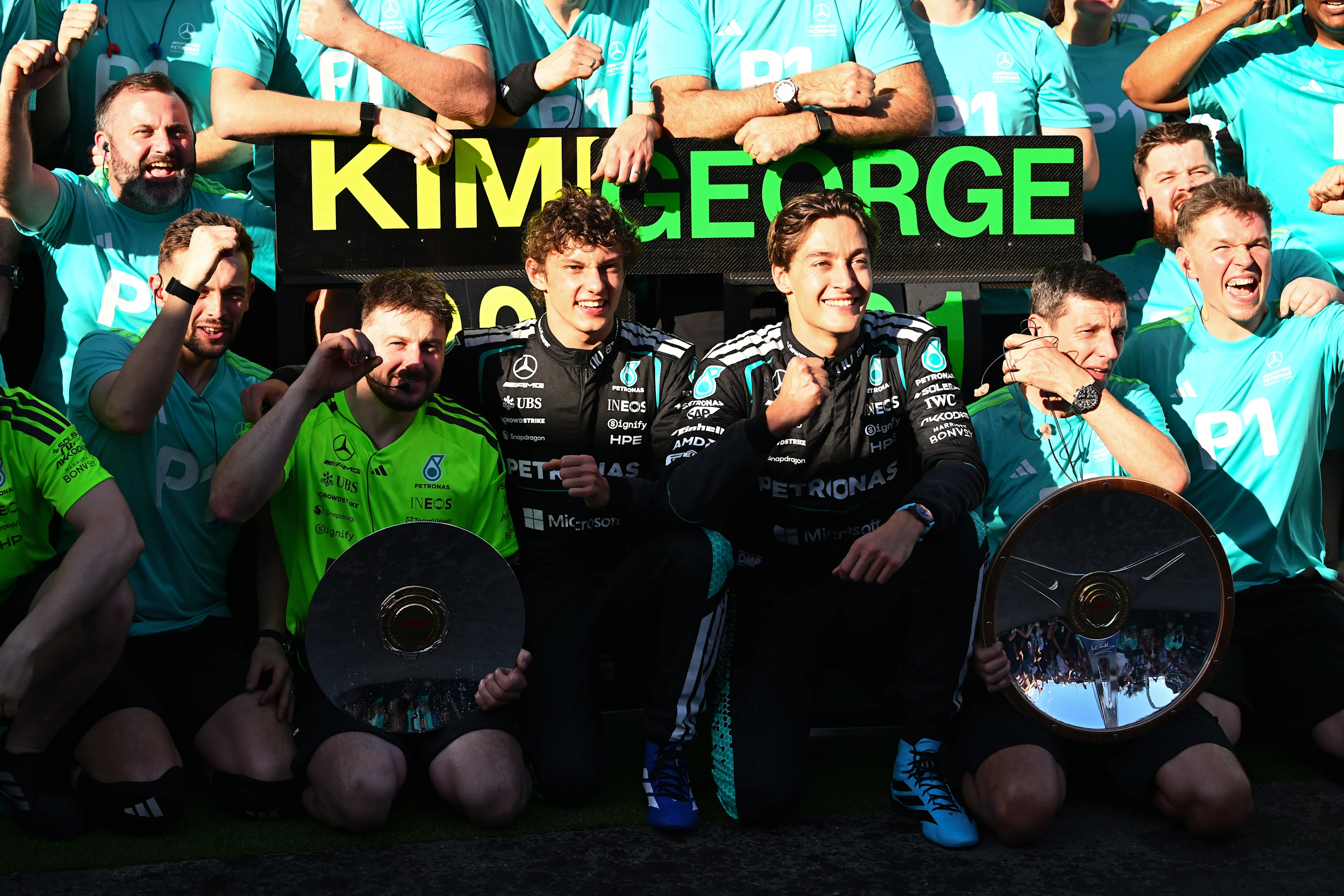 MELBOURNE, AUSTRALIA - MARCH 08: Race winner George Russell of Great Britain and Mercedes AMG