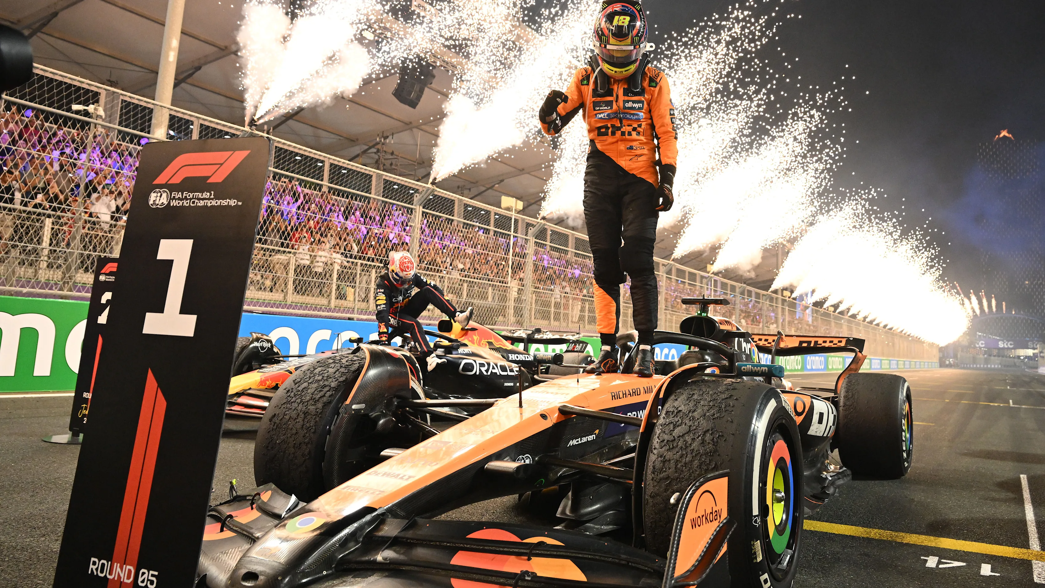 JEDDAH, SAUDI ARABIA - APRIL 20: Race winner Oscar Piastri of Australia and McLaren celebrates on