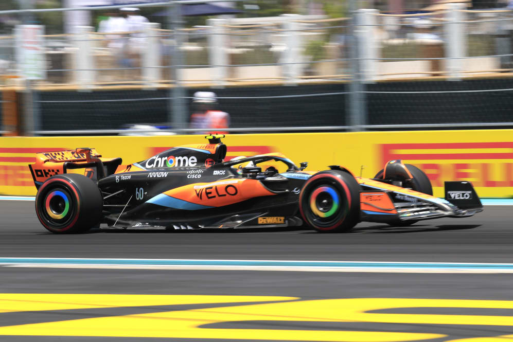 MIAMI GARDENS, FL - MAY 06: McLaren Racing driver Lando Norris #4 races through turn 8 during
