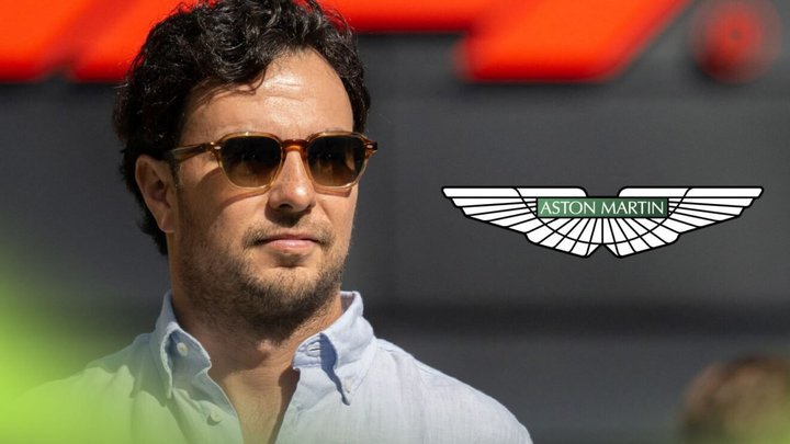 Sergio Perez, Cadillac, pictured at the 2026 Barcelona-Catalunya Grand Prix, as an Aston Martin logo appears on the right